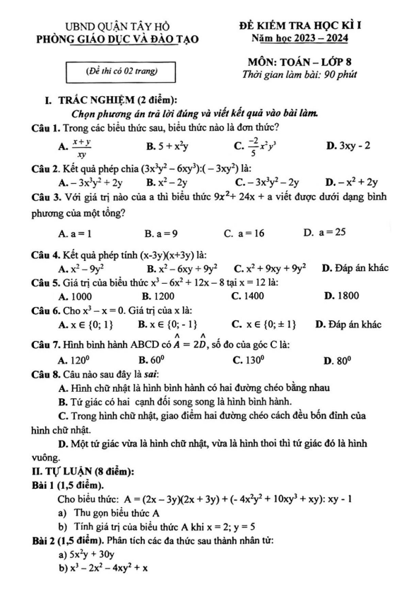 Đề học kì 1 (HK1) lớp 8 môn Toán năm 2023 2024 phòng GD ĐT Tây Hồ Hà Nội