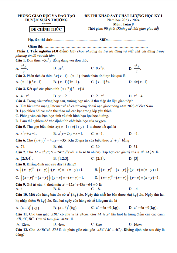 Đề học kì 1 (HK1) lớp 8 môn Toán năm 2023 2024 phòng GD ĐT Xuân Trường Nam Định