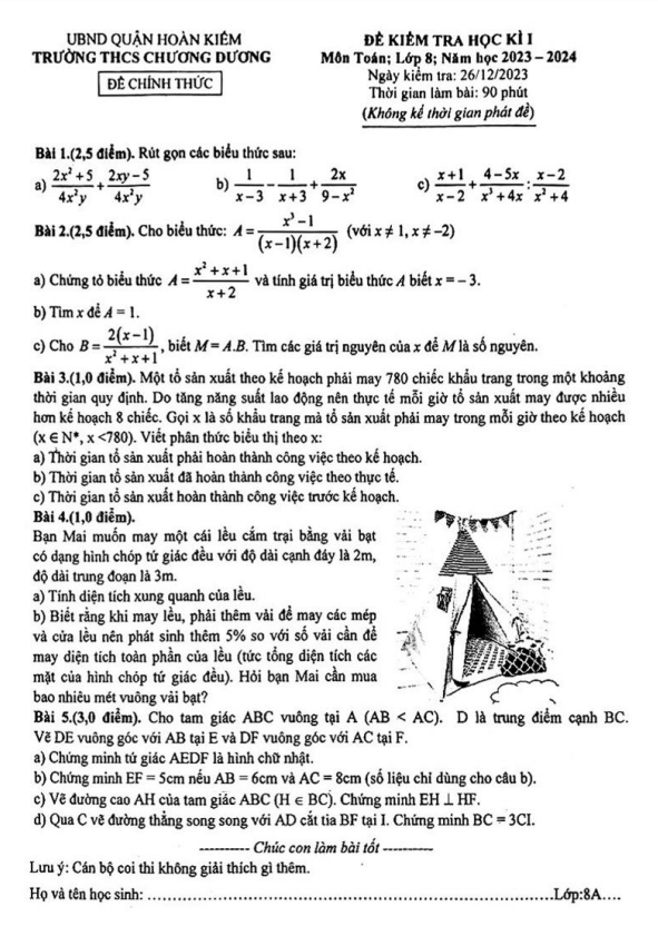 Đề học kì 1 (HK1) lớp 8 môn Toán năm 2023 2024 trường THCS Chương Dương Hà Nội