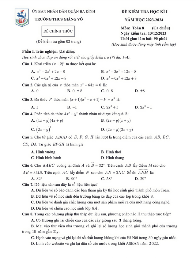 Đề học kì 1 (HK1) lớp 8 môn Toán năm 2023 2024 trường THCS Giảng Võ Hà Nội