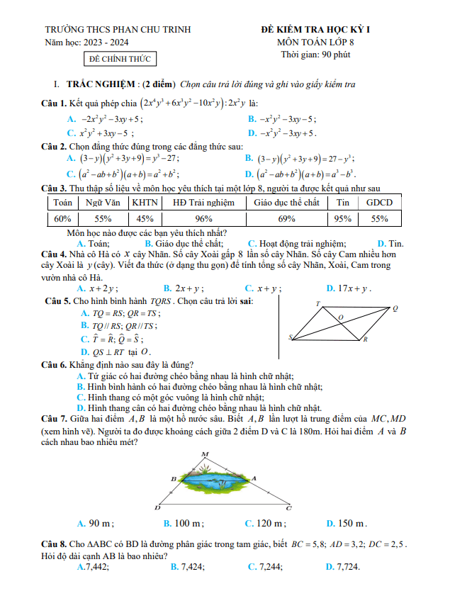 Đề học kì 1 (HK1) lớp 8 môn Toán năm 2023 2024 trường THCS Phan Chu Trinh Hà Nội