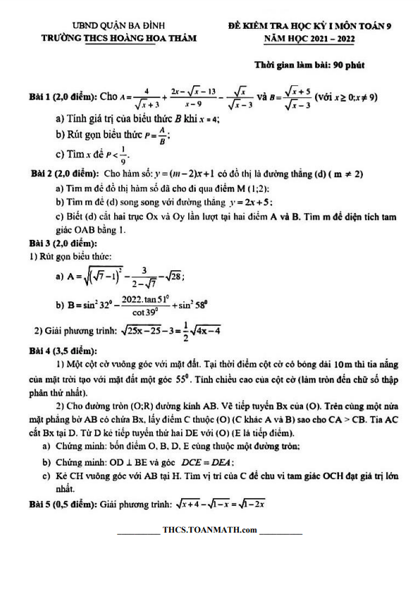 Đề học kì 1 (HK1) lớp 9 môn Toán năm 2021 2022 trường THCS Hoàng Hoa Thám Hà Nội