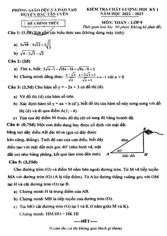 Đề học kì 1 (HK1) lớp 9 môn Toán năm 2022 2023 phòng GD ĐT Bắc Tân Uyên Bình Dương