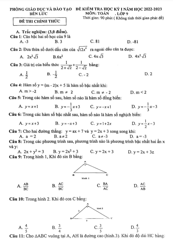 Đề học kì 1 (HK1) lớp 9 môn Toán năm 2022 2023 phòng GD ĐT Bến Lức Long An