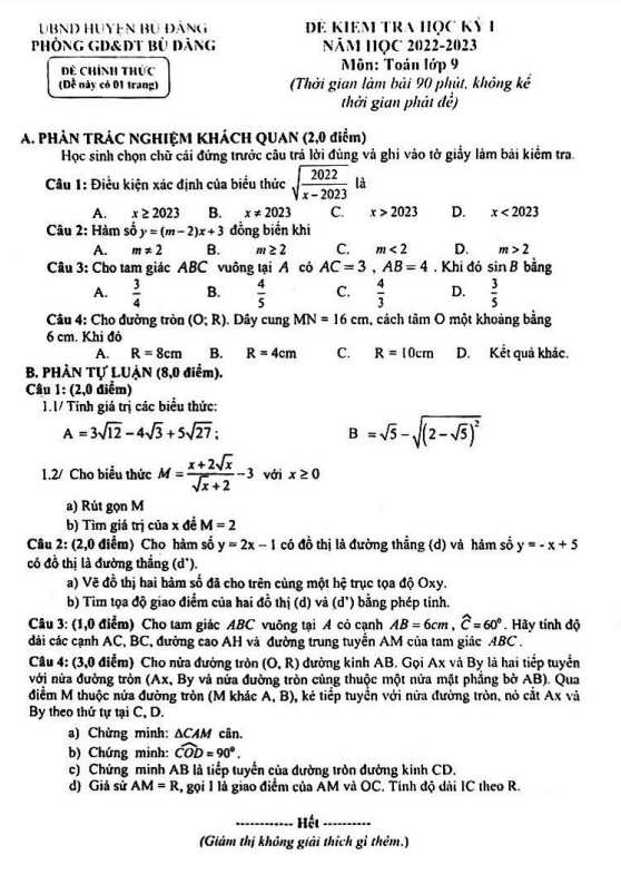 Đề học kì 1 (HK1) lớp 9 môn Toán năm 2022 2023 phòng GD ĐT Bù Đăng Bình Phước