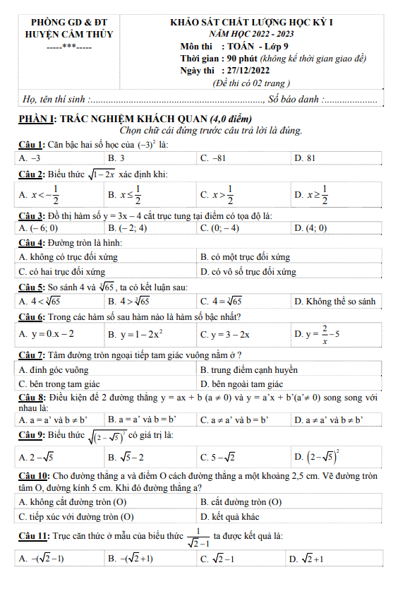 Đề học kì 1 (HK1) lớp 9 môn Toán năm 2022 2023 phòng GD ĐT Cẩm Thủy Thanh Hoá