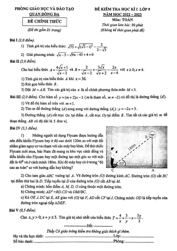 Đề học kì 1 (HK1) lớp 9 môn Toán năm 2022 2023 phòng GD ĐT Đống Đa Hà Nội