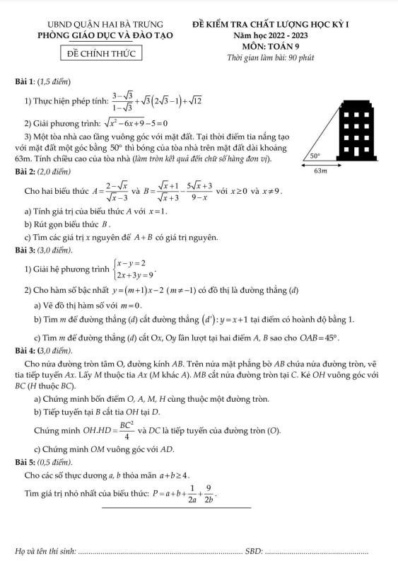 Đề học kì 1 (HK1) lớp 9 môn Toán năm 2022 2023 phòng GD ĐT Hai Bà Trưng Hà Nội
