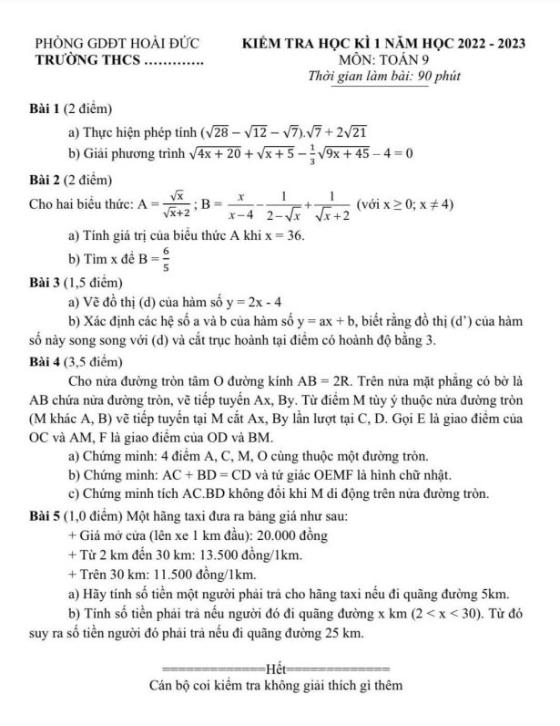 Đề học kì 1 (HK1) lớp 9 môn Toán năm 2022 2023 phòng GD ĐT Hoài Đức Hà Nội