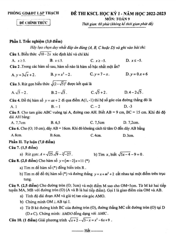 Đề học kì 1 (HK1) lớp 9 môn Toán năm 2022 2023 phòng GD ĐT Lập Thạch Vĩnh Phúc