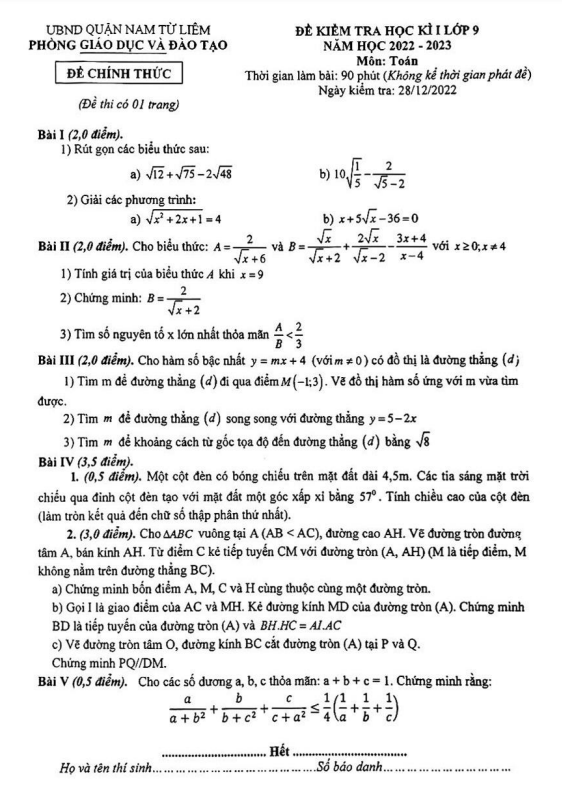 Đề học kì 1 (HK1) lớp 9 môn Toán năm 2022 2023 phòng GD ĐT Nam Từ Liêm Hà Nội