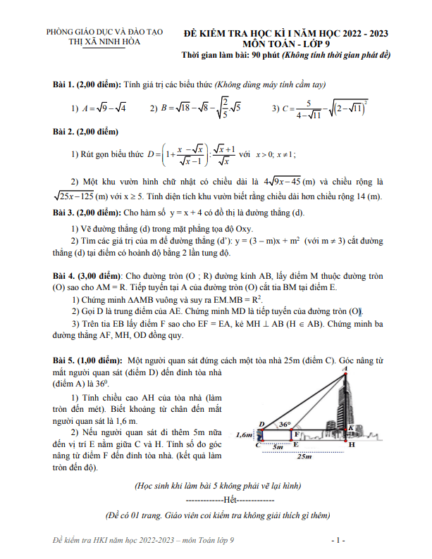 Đề học kì 1 (HK1) lớp 9 môn Toán năm 2022 2023 phòng GD ĐT Ninh Hòa Khánh Hòa