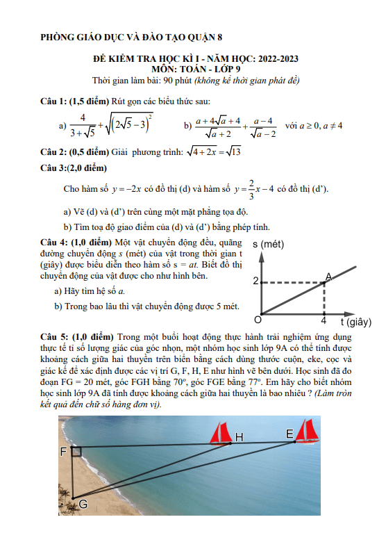 Đề học kì 1 (HK1) lớp 9 môn Toán năm 2022 2023 phòng GD ĐT quận 8 TP HCM