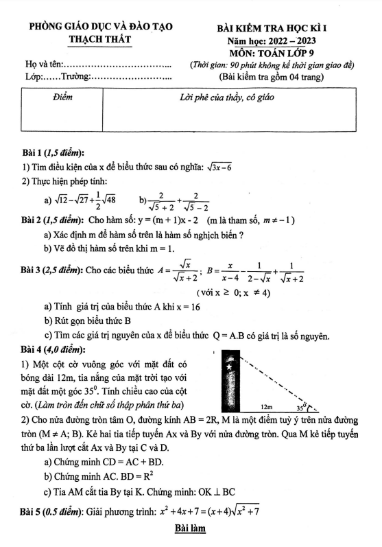Đề học kì 1 (HK1) lớp 9 môn Toán năm 2022 2023 phòng GD ĐT Thạch Thất Hà Nội