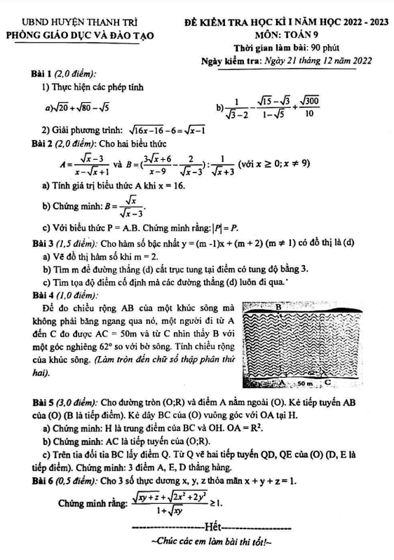 Đề học kì 1 (HK1) lớp 9 môn Toán năm 2022 2023 phòng GD ĐT Thanh Trì Hà Nội