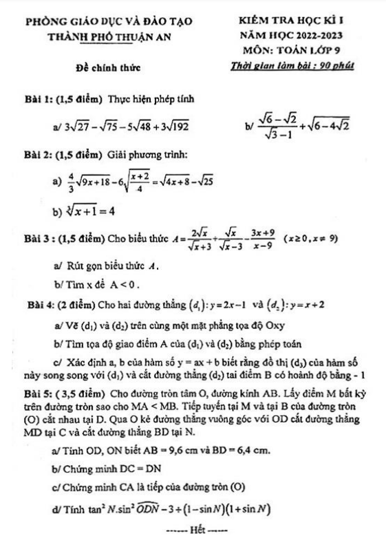 Đề học kì 1 (HK1) lớp 9 môn Toán năm 2022 2023 phòng GD ĐT Thuận An Bình Dương