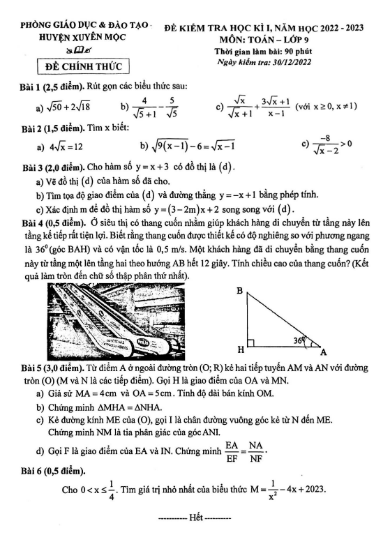 Đề học kì 1 (HK1) lớp 9 môn Toán năm 2022 2023 phòng GD ĐT Xuyên Mộc BR VT