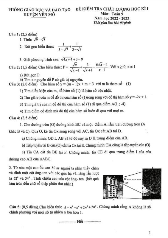 Đề học kì 1 (HK1) lớp 9 môn Toán năm 2022 2023 phòng GD ĐT Yên Mô Ninh Bình