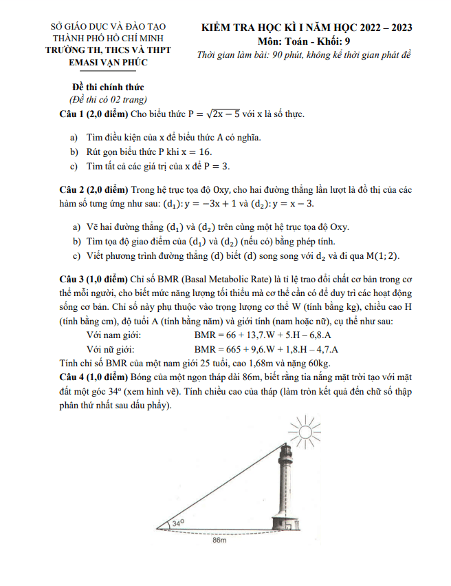 Đề học kì 1 (HK1) lớp 9 môn Toán năm 2022 2023 trường Emasi Vạn Phúc TP HCM