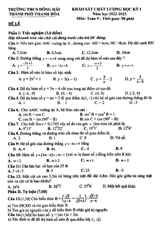 Đề học kì 1 (HK1) lớp 9 môn Toán năm 2022 2023 trường THCS Đông Hải Thanh Hóa
