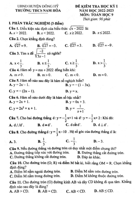Đề học kì 1 (HK1) lớp 9 môn Toán năm 2022 2023 trường THCS Nam Hòa Thái Nguyên