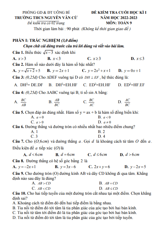 Đề học kì 1 (HK1) lớp 9 môn Toán năm 2022 2023 trường THCS Nguyễn Văn Cừ Quảng Ninh
