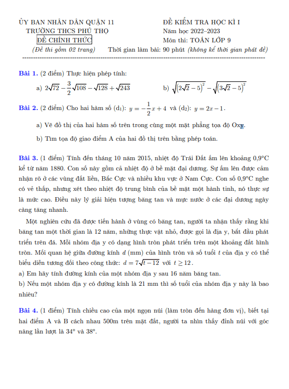 Đề học kì 1 (HK1) lớp 9 môn Toán năm 2022 2023 trường THCS Phú Thọ TP HCM