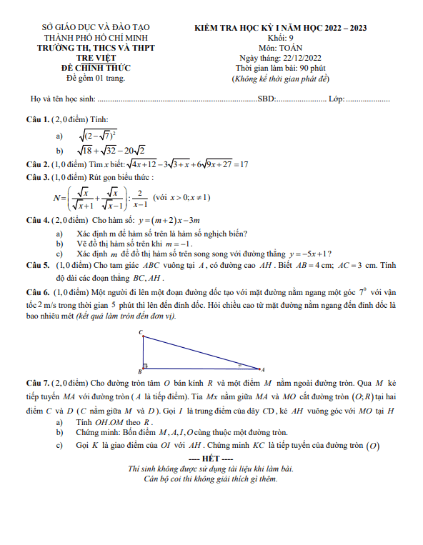 Đề học kì 1 (HK1) lớp 9 môn Toán năm 2022 2023 trường Tre Việt TP HCM