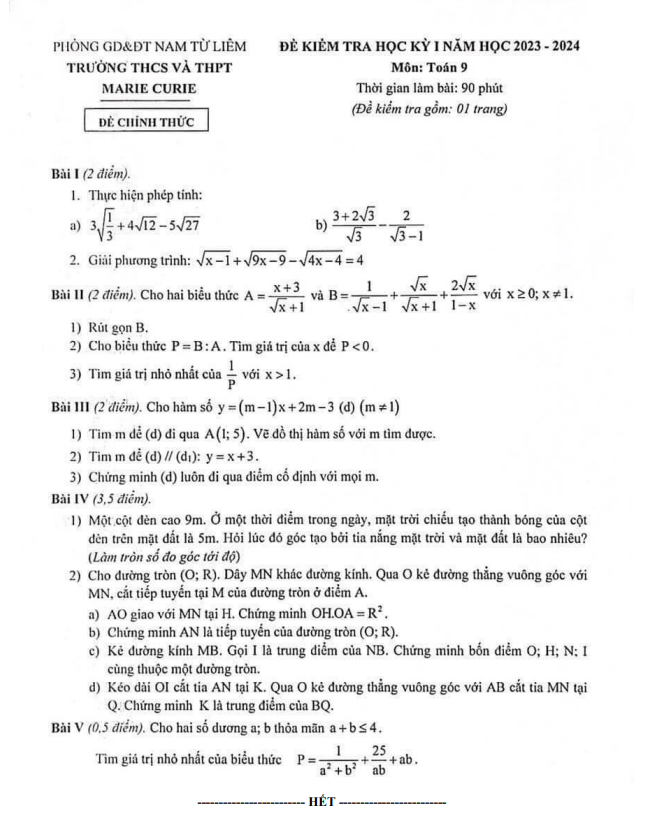 Đề học kì 1 (HK1) lớp 9 môn Toán năm 2023 2024 trường Marie Curie Hà Nội