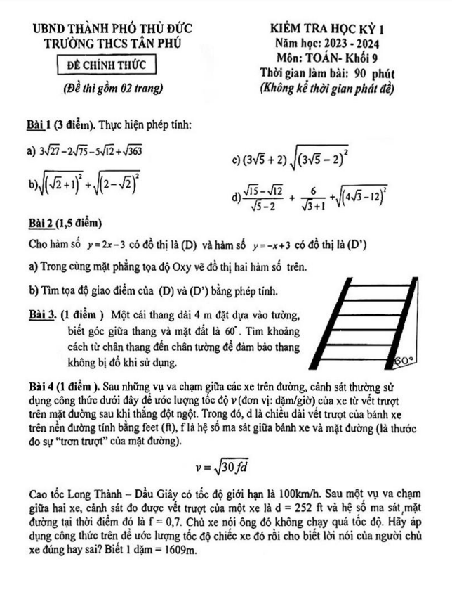 Đề học kì 1 (HK1) lớp 9 môn Toán năm 2023 2024 trường THCS Tân Phú TP HCM
