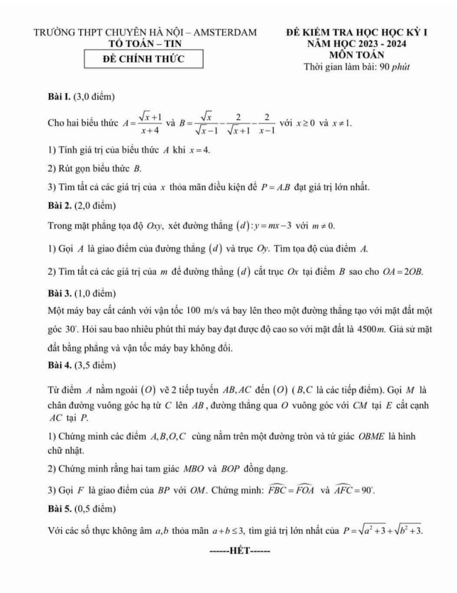 Đề học kì 1 (HK1) lớp 9 môn Toán năm 2023 2024 trường THPT chuyên Hà Nội Amsterdam
