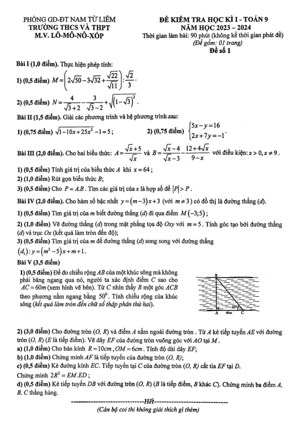 Đề học kì 1 (HK1) Toán 9 năm 2023 2024 trường M.V. Lômônôxốp Hà Nội