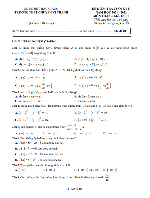 Đề học kì 2 (HK2) lớp 10 môn Toán năm 2021 2022 trường chuyên Vị Thanh Hậu Giang