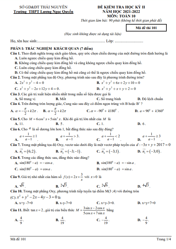Đề học kì 2 (HK2) lớp 10 môn Toán năm 2021 2022 trường Lương Ngọc Quyến Thái Nguyên