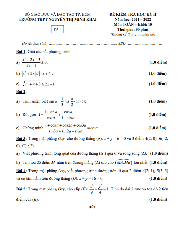Đề học kì 2 (HK2) lớp 10 môn Toán năm 2021 2022 trường THPT Nguyễn Thị Minh Khai TP HCM