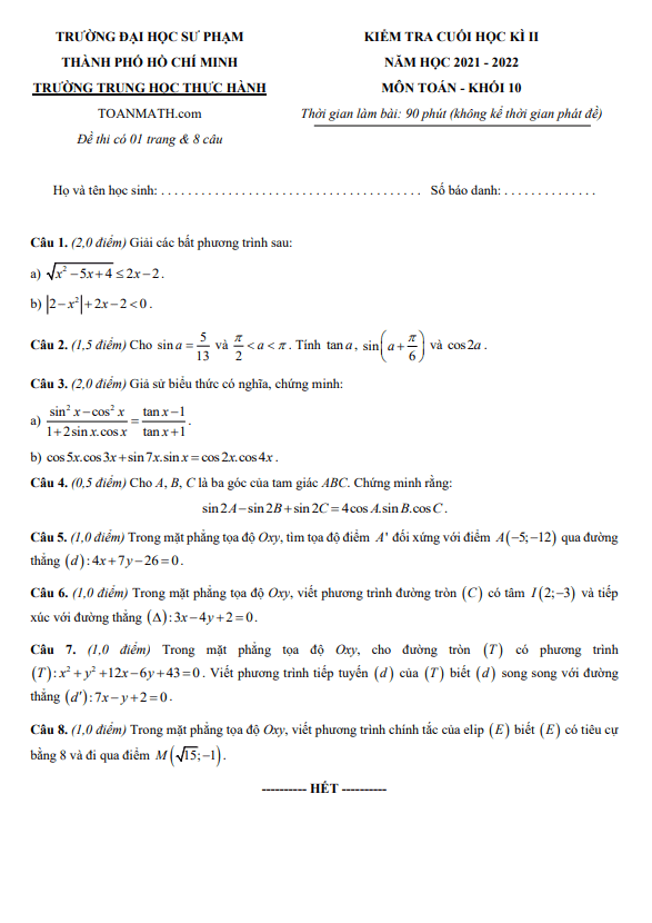 Đề học kì 2 (HK2) lớp 10 môn Toán năm 2021 2022 trường Trung học Thực hành ĐHSP TP HCM