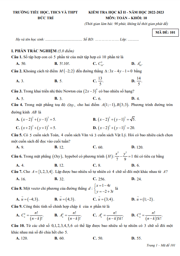 Đề học kì 2 (HK2) lớp 10 môn Toán năm 2022 2023 trường Đức Trí Bình Dương