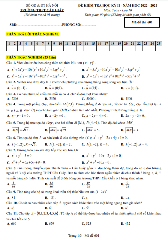 Đề học kì 2 (HK2) lớp 10 môn Toán năm 2022 2023 trường THPT Cầu Giấy Hà Nội