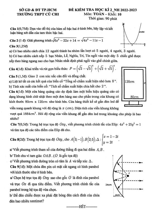 Đề học kì 2 (HK2) lớp 10 môn Toán năm 2022 2023 trường THPT Củ Chi TP HCM