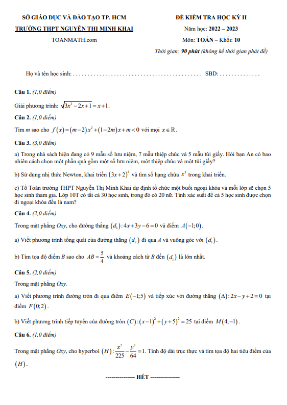 Đề học kì 2 (HK2) lớp 10 môn Toán năm 2022 2023 trường THPT Nguyễn Thị Minh Khai TP HCM