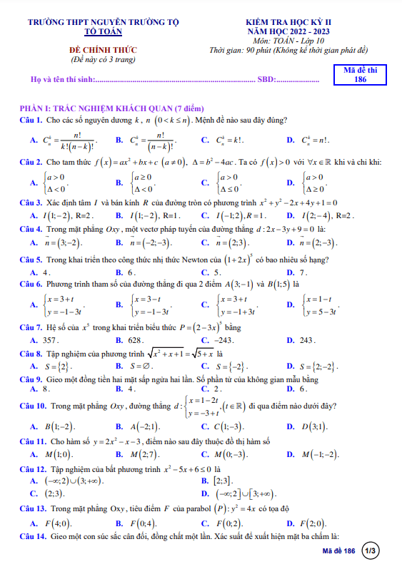 Đề học kì 2 (HK2) lớp 10 môn Toán năm 2022 2023 trường THPT Nguyễn Trường Tộ TT Huế