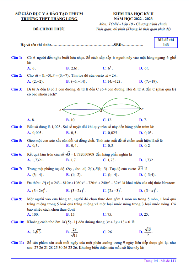 Đề học kì 2 (HK2) lớp 10 môn Toán năm 2022 2023 trường THPT Thăng Long TP HCM