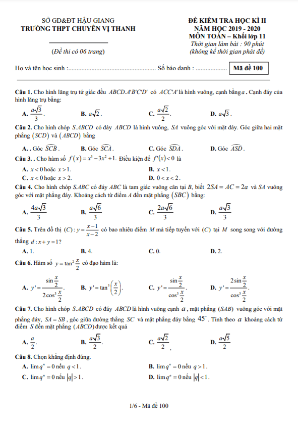 Đề học kì 2 (HK2) lớp 11 môn Toán năm 2019 2020 trường THPT chuyên Vị Thanh Hậu Giang