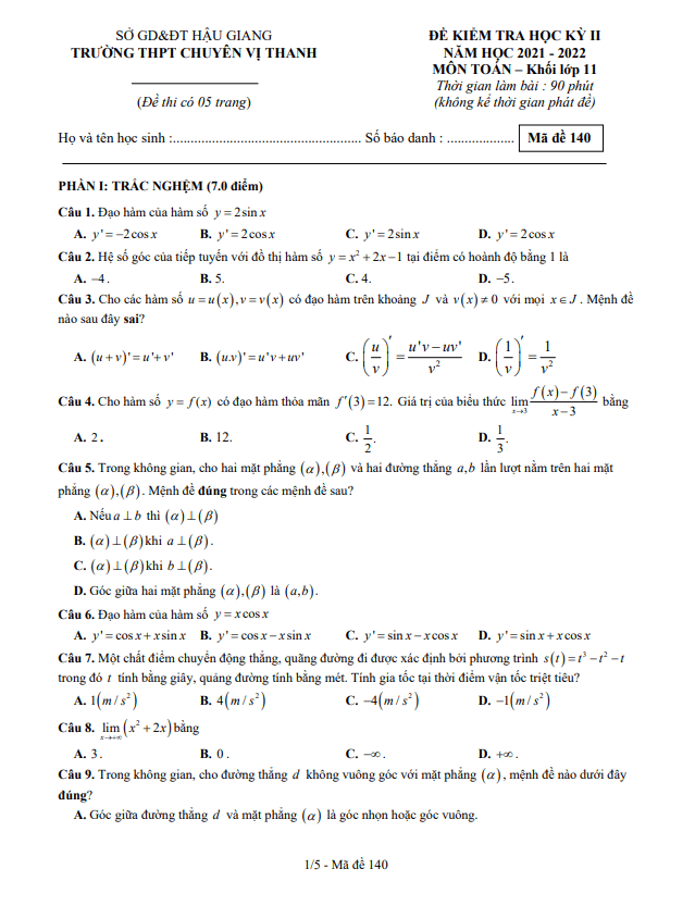 Đề học kì 2 (HK2) lớp 11 môn Toán năm 2021 2022 trường chuyên Vị Thanh Hậu Giang