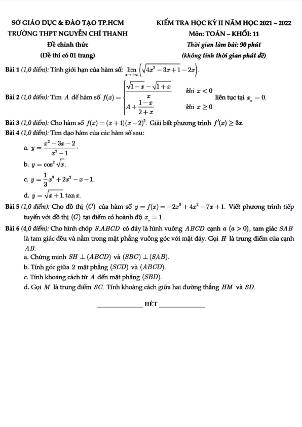 Đề học kì 2 (HK2) lớp 11 môn Toán năm 2021 2022 trường THPT Nguyễn Chí Thanh TP HCM