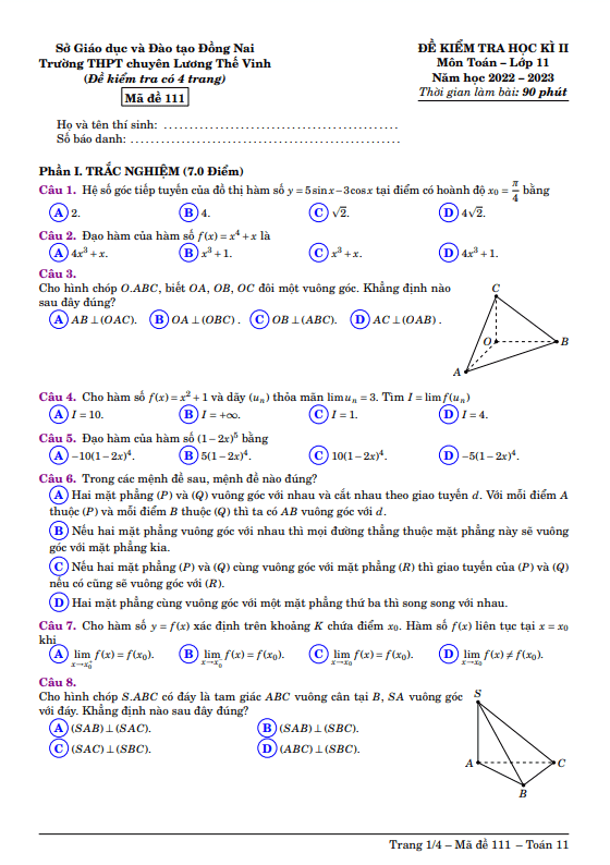 Đề học kì 2 (HK2) lớp 11 môn Toán năm 2022 2023 trường chuyên Lương Thế Vinh Đồng Nai