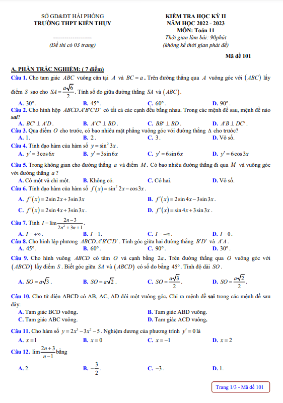 Đề học kì 2 (HK2) lớp 11 môn Toán năm 2022 2023 trường THPT Kiến Thụy Hải Phòng