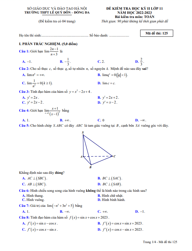 Đề học kì 2 (HK2) lớp 11 môn Toán năm 2022 2023 trường THPT Lê Quý Đôn Hà Nội