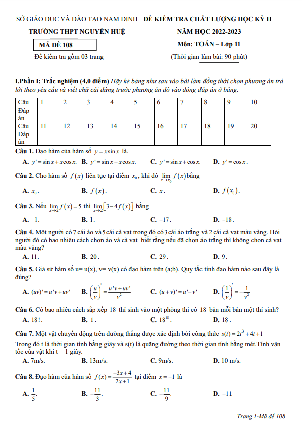 Đề học kì 2 (HK2) lớp 11 môn Toán năm 2022 2023 trường THPT Nguyễn Huệ Nam Định