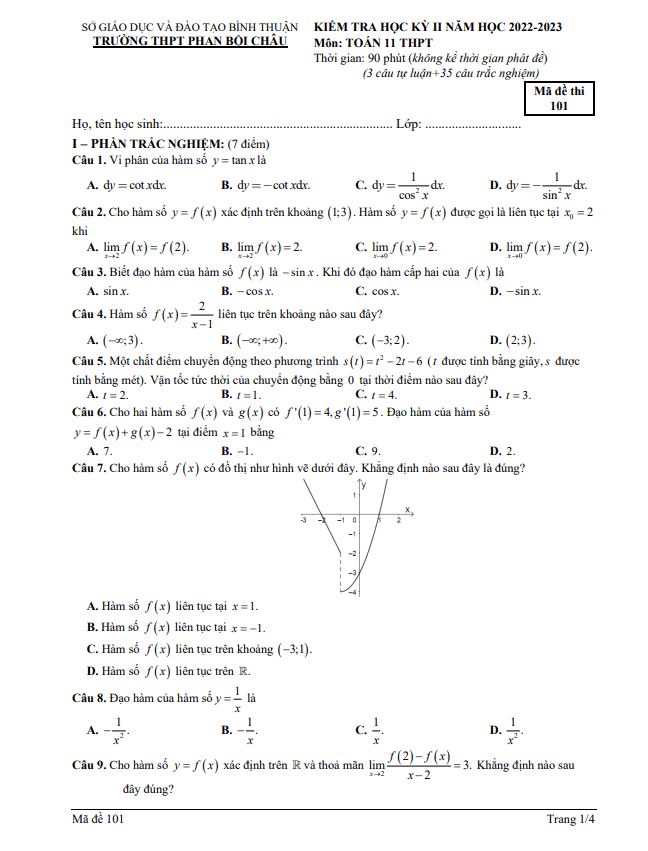 Đề học kì 2 (HK2) lớp 11 môn Toán năm 2022 2023 trường THPT Phan Bội Châu Bình Thuận